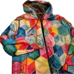 Geometric Bright Multicolor Full Zip Jacket Hooded Fleece Lined Streetwear Men L